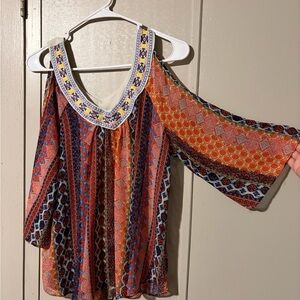 Vibrant Patterned Cold Shoulder Blouse